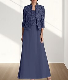abordables -Deux Pièces Ligne A Robe de Mère de Mariée  robe demoiselle d honneur Élégant Col carré Longueur au sol Chiffon Dentelle Manche 3/4 avec Dentelle 2025