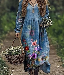 ieftine -Pentru femei Rochie Maxi Rochie de Vară Rochie plisata Vacanță Casual Boho Ieșire Plajă Fit standard Floral Grafic Imprimeu Paisley Manșon Lung În V Roz Îmbujorat Albastru piscină Portocaliu Kaki
