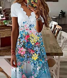 abordables -Femmes Mini Robe Robe trapèze Robe d'été Occasionnel Quotidien Coupe régulière Fleuri Graphique Manche Courte Col en V Bleu Été