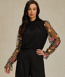 economico -Per donna Tunica Tinta unica Retato Con ricami Giornaliero Elegante Informale Manica lunga Girocollo Nero Primavera Autunno
