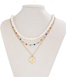 abordables -Collier de Perles Perle d'imitation Femmes Élégant Mode Superposé Médaille Mignon Mariage Géométrique Colliers Tendance Pour Soirée Cadeau Quotidien