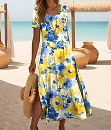 abordables -Femmes Robe Midi Robe d'Été Robe trapèze Vacances Occasionnel Chaussures de plage Quotidien Sortir Coupe régulière Fleuri Graphique Manche Courte Col Rond Jaune Rose Claire Bleu Violet Été