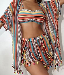 abordables -Femmes Maillots de Bain Bikini Trois Pièces Maillot de bain Ourlet à franges Hawaïen Tenues de plage Rayé Col en U Manches courtes Maillots de bain