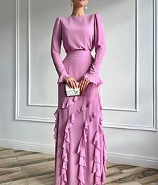 abordables -Ligne A Robes de Quinceanera Élégant Robe Formel Mariage Longueur au sol manche longue Col ras du cou Chiffon avec Volants 2025