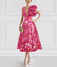 economico -Abiti da Cocktail A-Line Floreali Abito Elegante Matrimonio Formale Lunghezza Caviglia Senza Maniche V Collo di Raso con Ricami Con Tasche