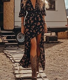 abordables -Robe bohème pour femme robe western robe vintage mini robe fourreau robe d'été robe à plis vacances fête décontractée sortie ajustement standard graphique floral manches 3/4 col en V noir