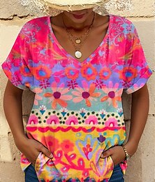 economico -Per donna Maglietta Grafico Geometrico Blocco di colori Elegante Casual Manica Corta Scollo a V Top Regolari Quotidiano Uscire Weekend Stampato Giallo Rosa Viola Estate Primavera
