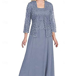 voordelige -Jurk pak Moeder van de bruid jurk Elegant Eenvoudig Vierkante hals Tot de grond Polyester Lange mouw met Effen kleur 2025