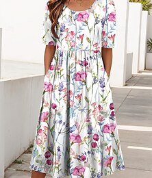 ieftine -Pentru femei Rochii Midi Rochie de vară Rochie plisata Vacanță Casual Stiluri de Plajă Zilnic Concediu Fit regulat Floral Grafic Manșon scurt Stil Nautic Alb Roșu-aprins Albastru piscină Trifoi Vară