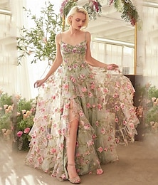 economico -Abito da Ballo A-Line Abiti da Quinceanera Abito Elegante Matrimonio Invitata Lunghezza Fino al Pavimento Senza Maniche Spaghetti Strap Poliestere Senza Schiena con Stampa Floreale Pieghe Fessura