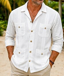 economico -Per uomo Camicia Camicia di lino Camicia Guayabera Camicia Estiva Camicia da Spiaggia Camicia con Bottoni Semplice Vacanza Casuale Bianco Manica Lunga Colletto Estate Primavera & Estate Abbigliamento