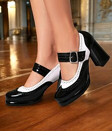 abordables -Escarpins Mary Jane en cuir verni rouge et blanc pour femme – style brogue rétro années 50, talons épais et bride à boucle réglable, idéals pour les soirées vintage, les costumes et les événements formels
