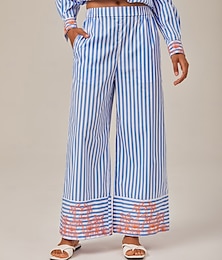 abordables -Femmes Ample Pantalons à Jambes Larges Longueur complète Taille haute Vacances Tropical Neutre Vacances Coton Occasionnel Bleu Été Printemps S M L