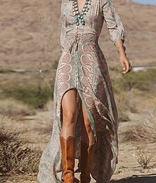 olcso -Női Boho Ruha Nyugati Ruha Vintage Maxi Ruha A Vonal Ruha Nyári Ruha Laid-back napi Szabványos Fit Virágos Grafika 3/4 Hossza Ujj V Nyak Kék Nyár
