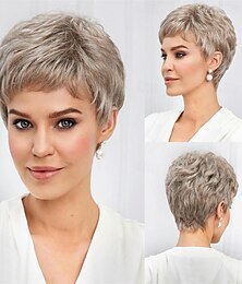 economico -Parrucche corte da folletto biondo chiaro misto bianco sporco per donne con frangia, struttura simile ai capelli umani, capelli naturali a strati