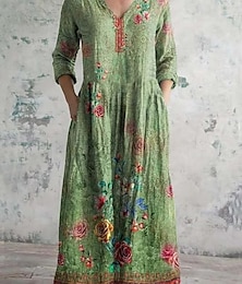 abordables -Femmes Robe maxi Robe Vintage Robe en lin Robe d'Été Robe Fleurie Bohème Vacances Ethnique Fête Coupe Ample Fleuri Graphique Manche 3/4 Col en V Violet Vert Beige Été Printemps