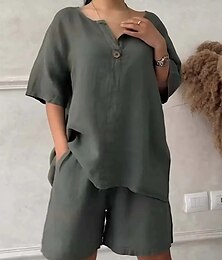abordables -Femmes Mode Streetwear Ensembles en coton et lin Ensembles deux pièces Ensembles de Shorts Manche Courte Col en V Tenue quotidienne Date Noir Blanche Vert Véronèse Été Coupe régulière