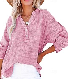 economico -Per donna Camicia Camicie ispirate al lino Blusa Semplice Essenziale Moderno Manica Lunga Scollo a V Top Regolari Quotidiano Ferie Uscire Bottoni Verde chiaro Rosa Azzurro Estate