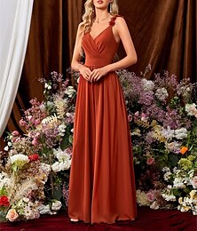economico -Abito da Damigella A-Line V Collo Senza Maniche Elegante Lunghezza Completa in Chiffon con Colore Solido