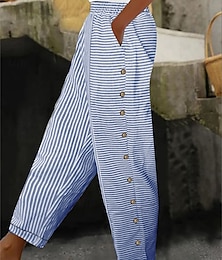 abordables -Femmes Pantalon en coton et lin Basique Occasionnel Longueur complète Taille haute Rayé Avec Poches Taille Élastique Imprimé Confortable Extérieur Rue Tenue quotidienne Sortir Noir Rose Bleu Ciel