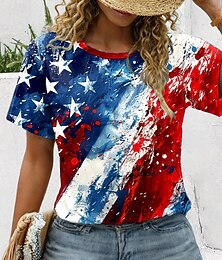 abordables -T-shirt patriotique pour femmes avec graphique drapeau américain vintage élégant classique à manches courtes col rond col régulier imprimé quotidien rouge  bleu