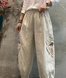 abordables -Femmes Pantalon en coton et lin Slacks Mode Streetwear Longueur complète Naturel Fleuri Broderie Avec Poches Taille Élastique Confortable Respirabilité Extérieur Rue Sortir Abricot Vert Kaki Été