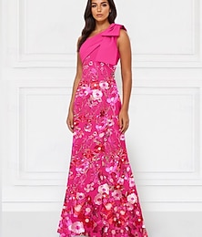 preiswerte -A-Linie Abendkleid Elegant Kleid Formell Hochzeit Bodenlang Ärmellos Ein-Schulter Rosa Kleid Stretch-Crêpe mit Schleife(n) Stickerei Applikationen 2025