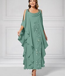 voordelige -A-lijn Moeder van de bruid jurk Bruiloft gast Elegant Luxueus Glitter & Sprankel Boothals Tot de enkel Chiffon Halve mouw met Kralen Lagen Gelaagde ruches 2025