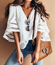 abordables -Mujer Blusa Color sólido Elegante Casual Manga 3/4 Escote en Pico Tops regulares Diario Malla Retazos Negro Blanco Rosa Rojo Azul claro Verano Primavera