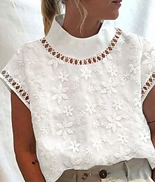 economico -Blusa Donna Simil Lino Bianco Colore Solido Basic Casual Manica Corta Collo Alto Top Regolari Quotidiano Pizzo Patchwork Bianco Estate