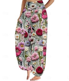economico -Per donna Pantaloni ispirati al lino Gamba larga Pantaloni Stile Etnico Casual Boho Lunghezza intera Vita Alta Floreale Tasca Elastico in vita Stampa Traspirabilità Morbido Micro-elastico All'aperto