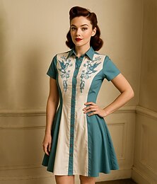 levne -Retro 50. léta Mini Šaty na šaty Košilové šaty Kovbojka Tlačítko dolů 3D tisk Maškarní kostým Dámské Plesová maškaráda Dovolená Ležérní Čajový dýchánek Dospělé Šaty Léto