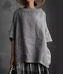 economico -Per donna Camicia Camicie di cotone e lino Camicia in cotone e lino Blusa Semplice Casual Manica Corta Girocollo Top Regolari Quotidiano Nero Bianco Grigio Estate