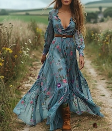 olcso -Női Hosszú ruha Maxi ruha Virágos ruha Boho ruha Nyugati ruha Elegáns Divat Modern Szabadtéri Vakáció Napi Normál Virág Hosszú ujj V-alakú Medence Nyár