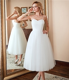 economico -Abiti da Sposa A-Line Spalline Sottile Manica Lunga Lunghezza da Tè Tulle Abiti da Sposa con Colore Solido