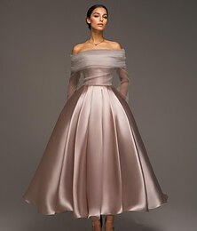 economico -Abito da ballo rosa in raso, elegante, da cocktail, a trapezio, da sposa formale, lungo alla caviglia, manica lunga, spalle scoperte, staccabile, con scialle 2025