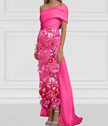 abordables -Robe de soirée élégante en satin italien avec broderie florale jaune et bleu, longueur au sol, manches courtes et épaules dénudées, avec fente, 2025