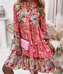 levne -Dámské Mini šaty Volnočasové šaty Boho šaty Jarní šaty Šik ven Dovolená ulice Běžný Květinový Dlouhý rukáv Rozdělený krk Světlá růžová Vodní modrá Oranžová Trávová zelená Léto Jaro
