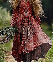 economico -Per donna Abito maxi Vestito Estivo Abito Pieghettato Vacanza Casual Boho Uscire Spiaggia Vestibilità standard Grafico Paisley Manica Lunga Scollo a V Verde scuro Nero Rosso Blu Estate Primavera