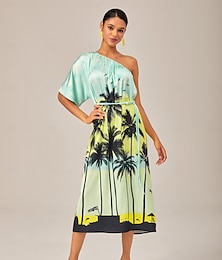 abordables -Robe longue asymétrique à imprimé cocotiers et ambiance plage