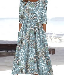 abordables -Femmes Robe Midi Robe d'été Robe Plissée Vacances Occasionnel Chaussures de plage Quotidien Fête Coupe régulière Fleuri Graphique Manche Courte Col ras du cou Blanche Bleu Orange Vert Été