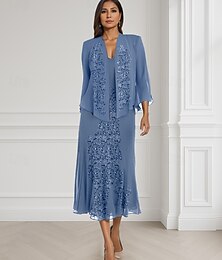 abordables -Robe de mère de la mariée A-Line Bleu Deux Pièces Élégante Col Carré Longueur de Tapis Chiffon Manches Longues Wrap Inclus Avec Broderie en Dentelle 20