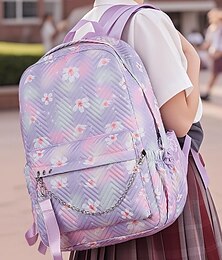 お買い得  -女の子用花柄スクールバックパック - チェーン装飾と耐水生地を使用した軽量キルティングブックバッグ。10代の学生や中学生向け。