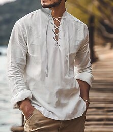 economico -Per uomo Camicia Camicia di lino Stile vichingo Camicia Estiva Abbigliamento da spiaggia Camicia pirata Tinta unica Vacanza Ferie Bianco Blu marino Azzurro cielo Verde Manica Lunga Collo alla coreana