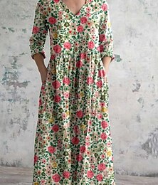 abordables -Femmes Robe Longue Maxi Robe Robe Décontractée Robe d'été Robe bohème Mode Vacances Quotidien Week-end Coupe régulière Fleuri manche longue Col en V Blanche Vert Claire Rose Claire Bleu Été
