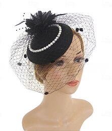 abordables -Coiffe Tulle Filet Chapeau Fedora Mariage Fête du thé Course de Chevaux ancien Mignon Avec Plume Floral Casque Couvre-chef