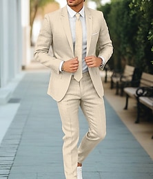 economico -Completi da matrimonio in lino da uomo khaki scuro khaki chiaro formali da lavoro estivi a tinta unita taglio standard 2 pezzi con un bottone