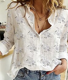 economico -Camicia Donna Simil Lino Floreale Quotidiano Casual Manica Lunga Collo Top Regolari Quotidiano Bottoni Stampa Bianca Gialla Blu Estate