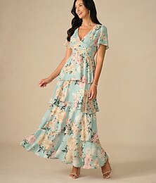 economico -Per donna Abito maxi Abito a trapezio Abito a strati Elegante Manica a Balze Vacanza Vestibilità comoda Floreale Manica Corta Scollo a V Verde salvia Estate