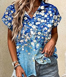 economico -Per donna Camicia Ombre Floreale Grafico Vintage Tropicale Quotidiano Manica Corta Ad aletta Colletto a Camicia Top lunghi Quotidiano Blu marino Azzurro Estate Primavera